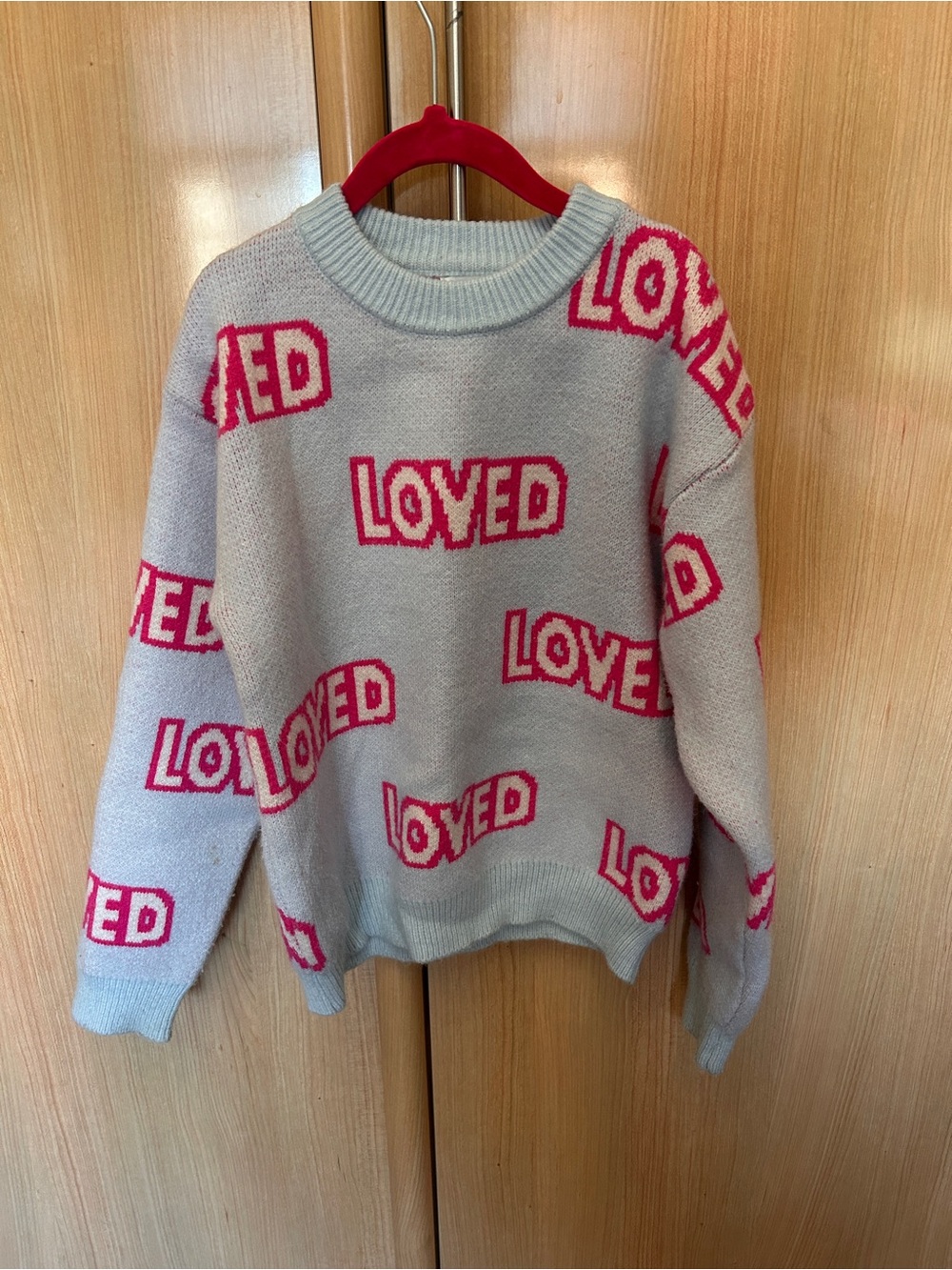 Lola & the boys Light Gray Crewneck Sweater with Pink "LOVED" Motif